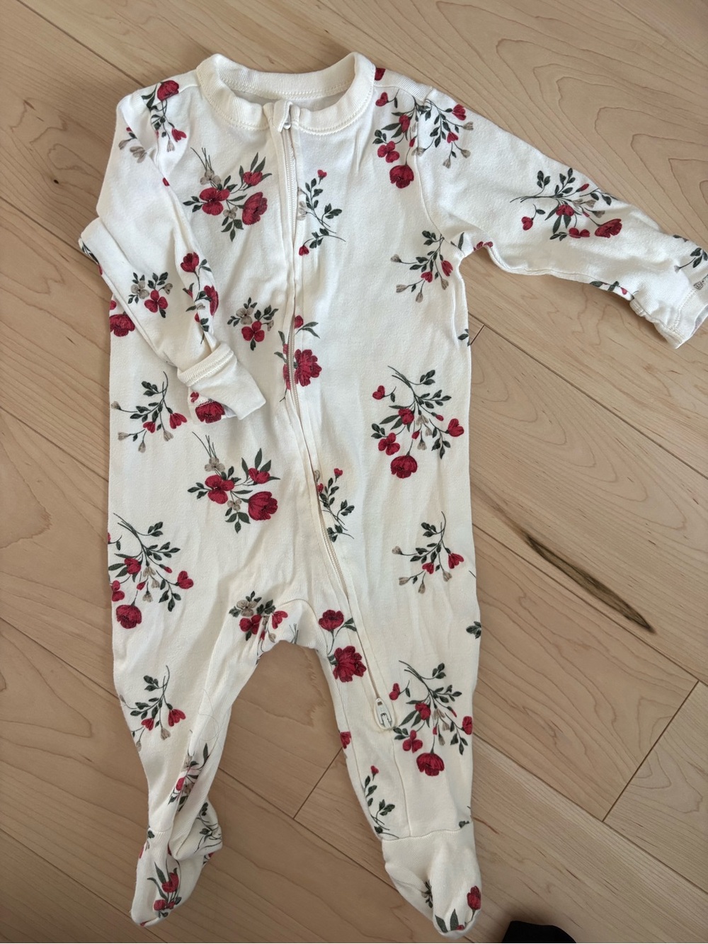 Old Navy Cream Footed One-Piece with Red Floral Print